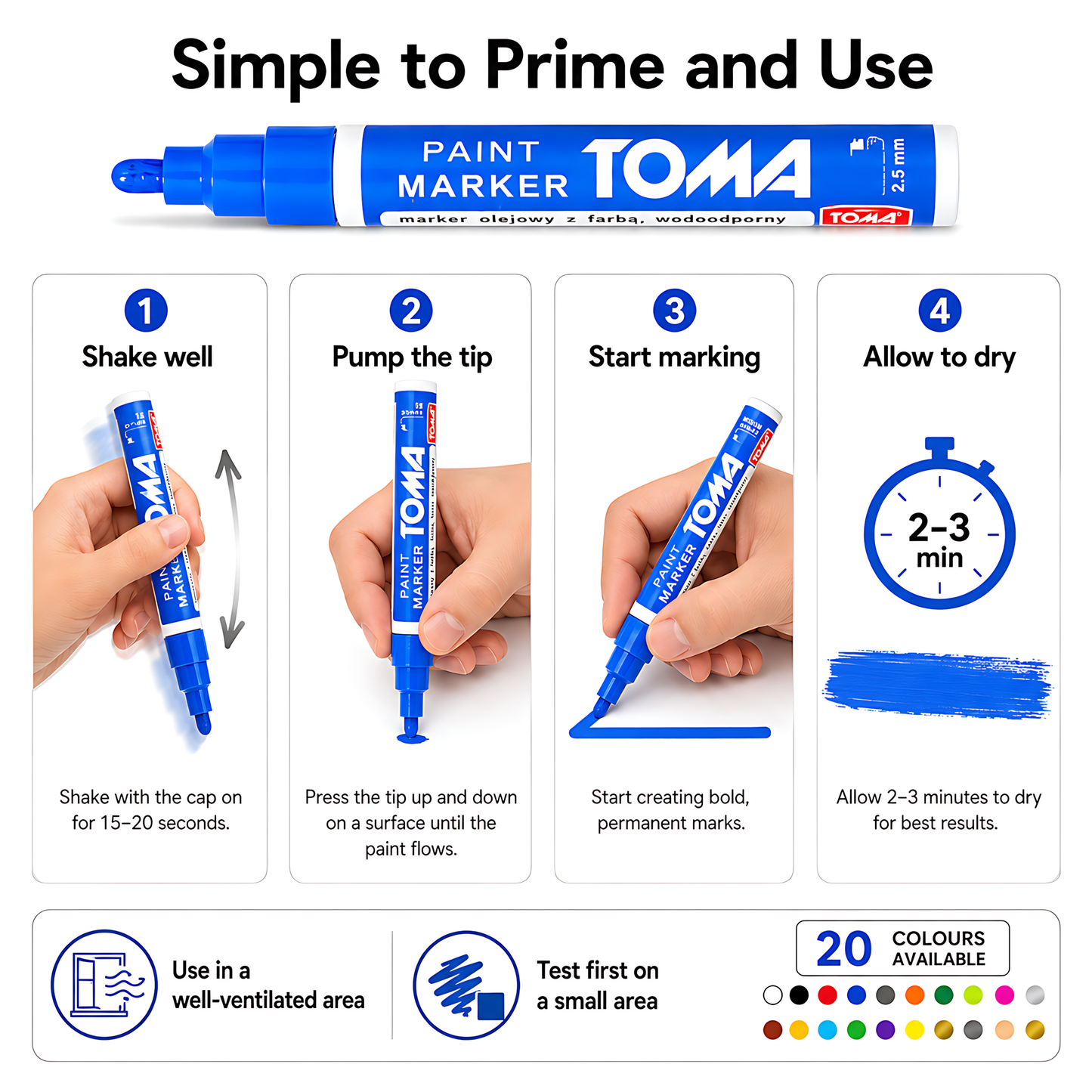 20 Colours Set of Oil-Based Paint Marker Pens Permanent - 2.5mm Round Tip, Fast-Drying Waterproof Ink - Universal for All Surfaces