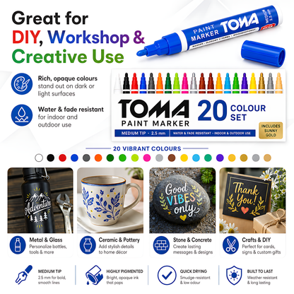 20 Colours Set of Oil-Based Paint Marker Pens Permanent - 2.5mm Round Tip, Fast-Drying Waterproof Ink - Universal for All Surfaces