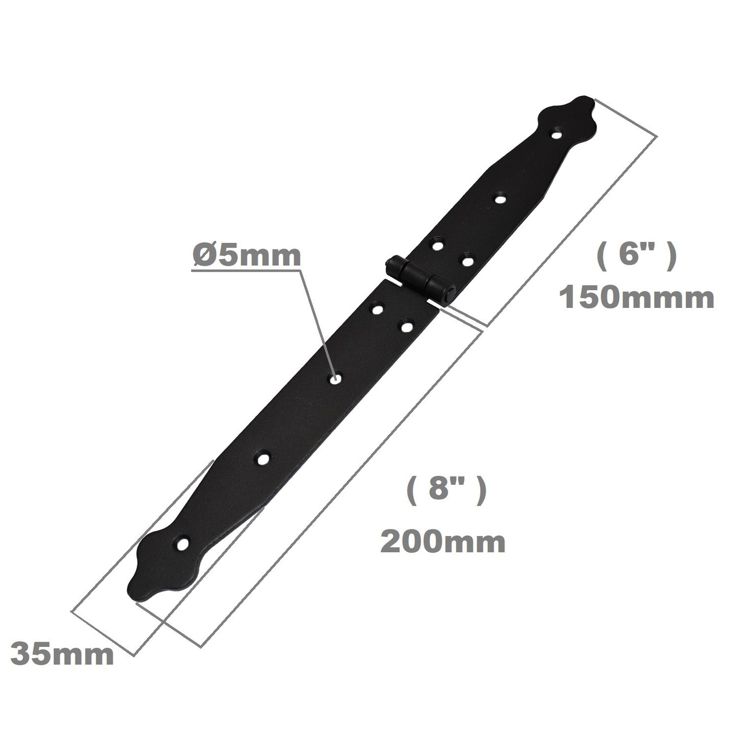 2 Pcs x 150+200 mm Backflap Hinge Black, Steel Back Flap Hinges, Weather Resistant, Rust Proof Powder Coating, Strap Hinges