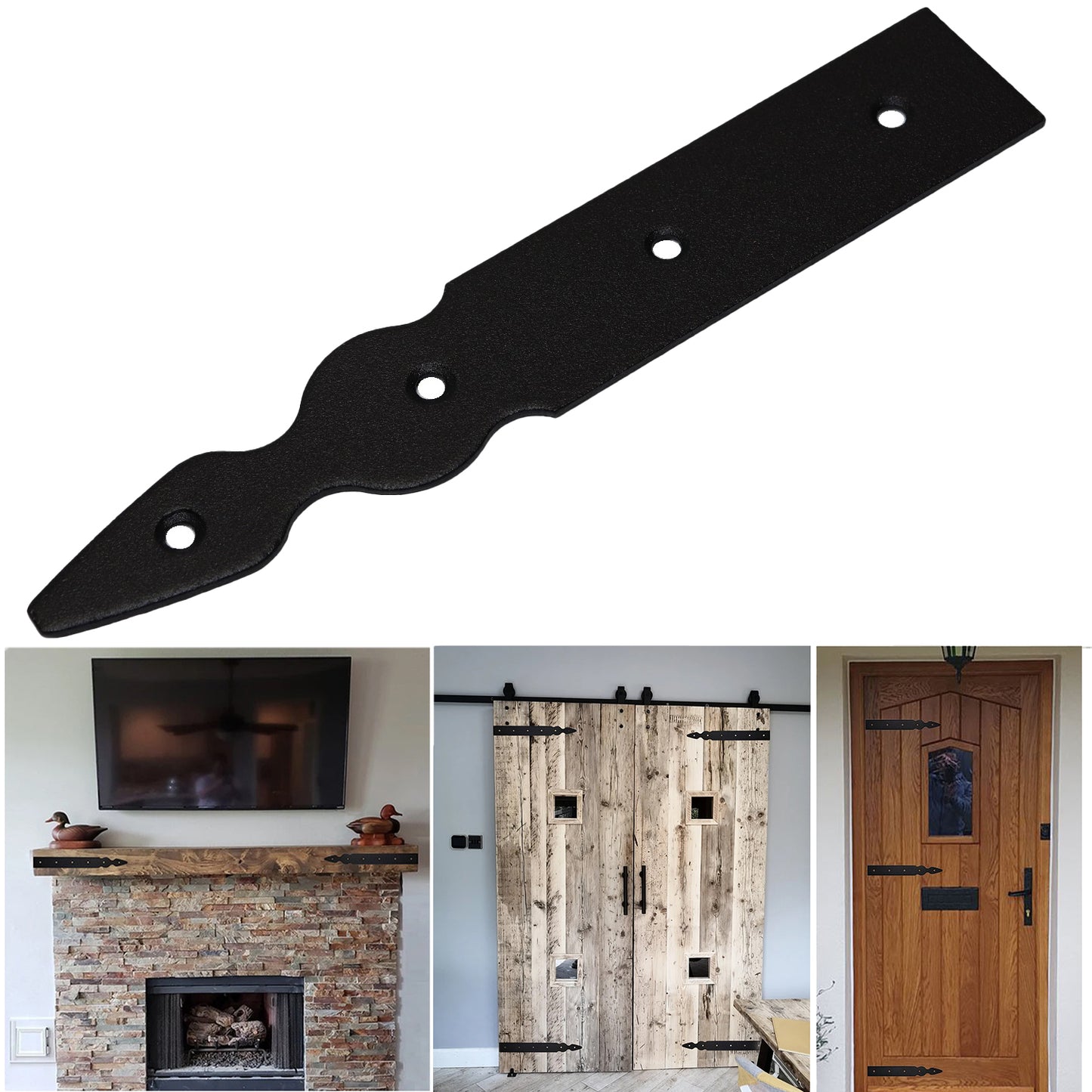Pack of 2 x 200 mm Dummy Hinge Heads, Vintage False Strap Hinge, Black Steel, Weather Resistant, Rust Proof Powder Coating