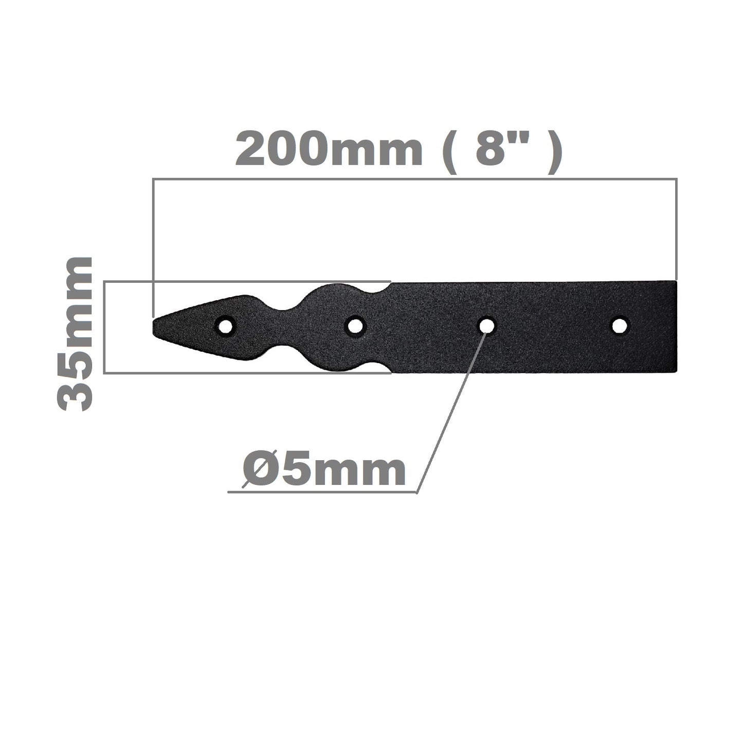 Pack of 2 x 200 mm Dummy Hinge Heads, Vintage False Strap Hinge, Black Steel, Weather Resistant, Rust Proof Powder Coating