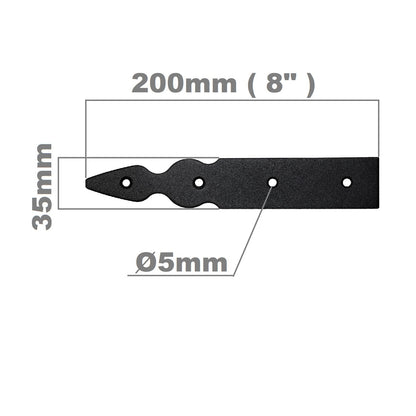 Pack of 2 x 200 mm Dummy Hinge Heads, Vintage False Strap Hinge, Black Steel, Weather Resistant, Rust Proof Powder Coating