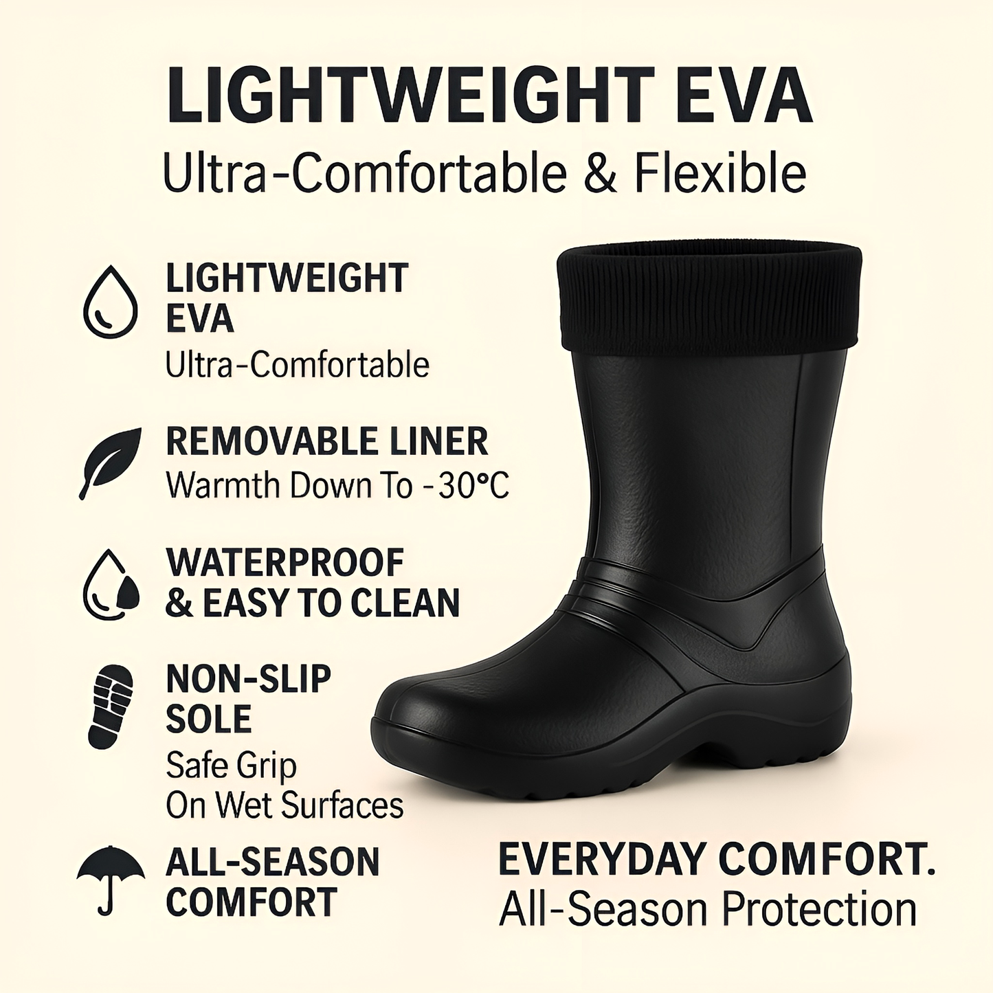Black Womens Lightweight EVA Wellington Boots with Warm Fleece Liner - Waterproof Ladies Wellies for Gardening (8 UK / 41 EU)