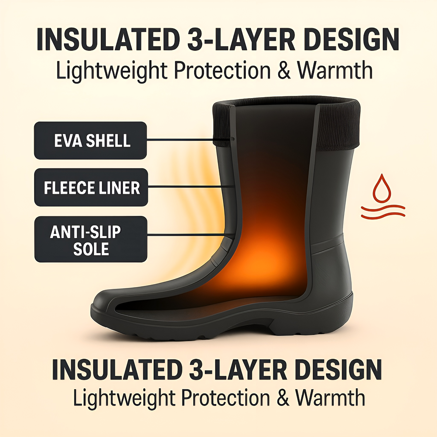 Black Womens Lightweight EVA Wellington Boots with Warm Fleece Liner - Waterproof Ladies Wellies for Gardening (8 UK / 41 EU)