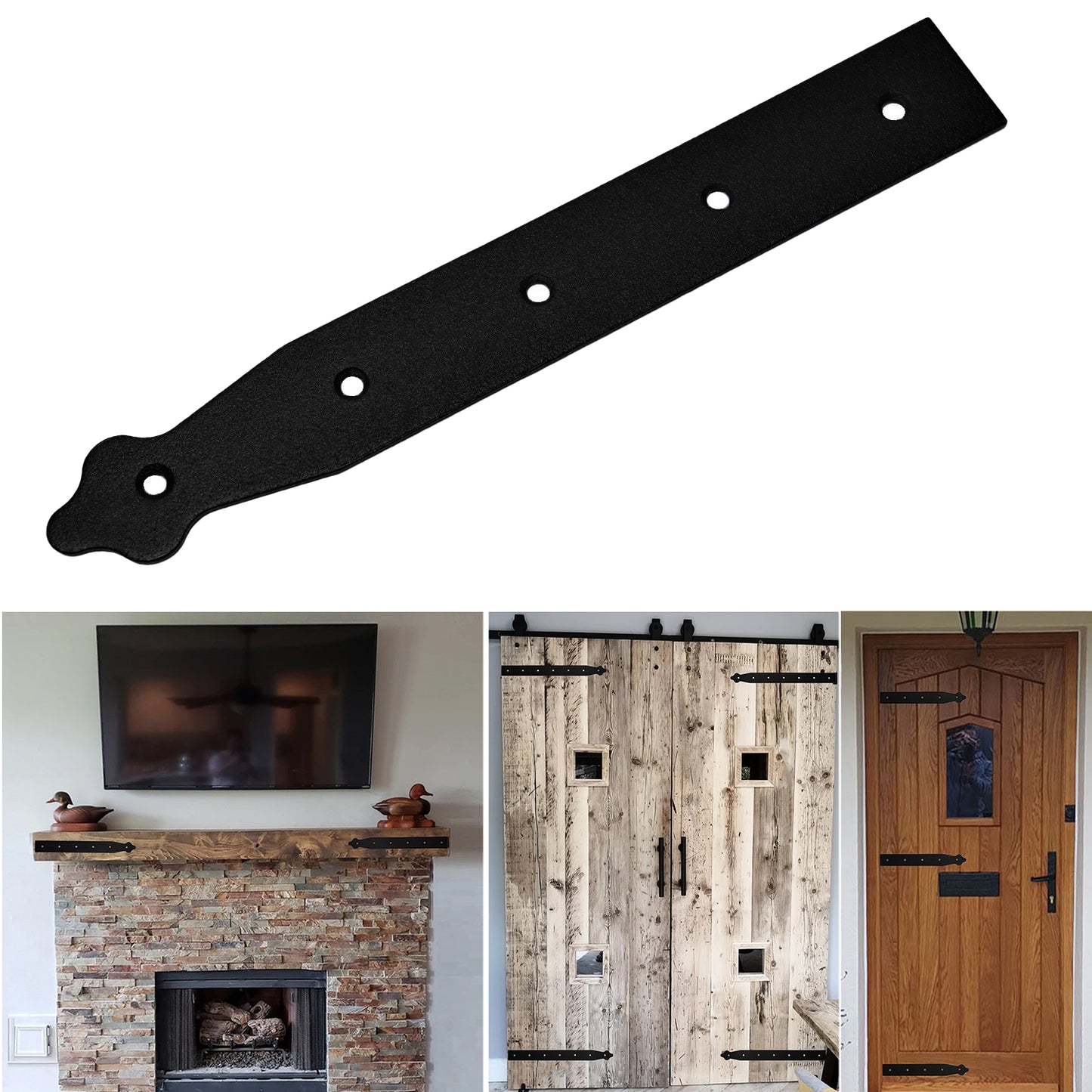 Pack of 2 x 250 mm Dummy Hinge Heads, Black Steel, Vintage False Strap Hinges, Weather Resistant, Rust Proof Powder Coating