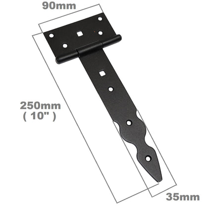Pack of 10 x 200 mm T-Hinge Black, Steel Tee Hinges, Weather Resistant, Rust Proof Powder Coating, T Strap Hinges