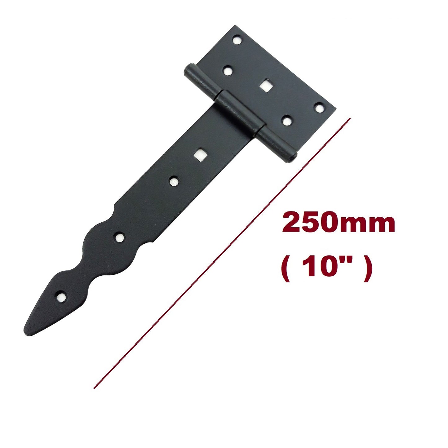 Pack of 10 x 200 mm T-Hinge Black, Steel Tee Hinges, Weather Resistant, Rust Proof Powder Coating, T Strap Hinges