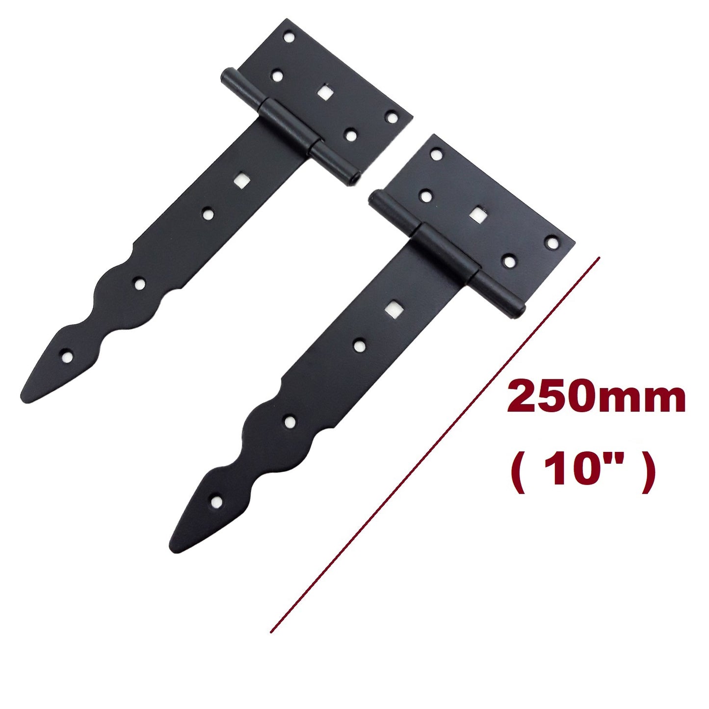 Pack of 2 x 200 mm T-Hinge Black, Steel Tee Hinges, Weather Resistant, Rust Proof Powder Coating, T Strap Hingess