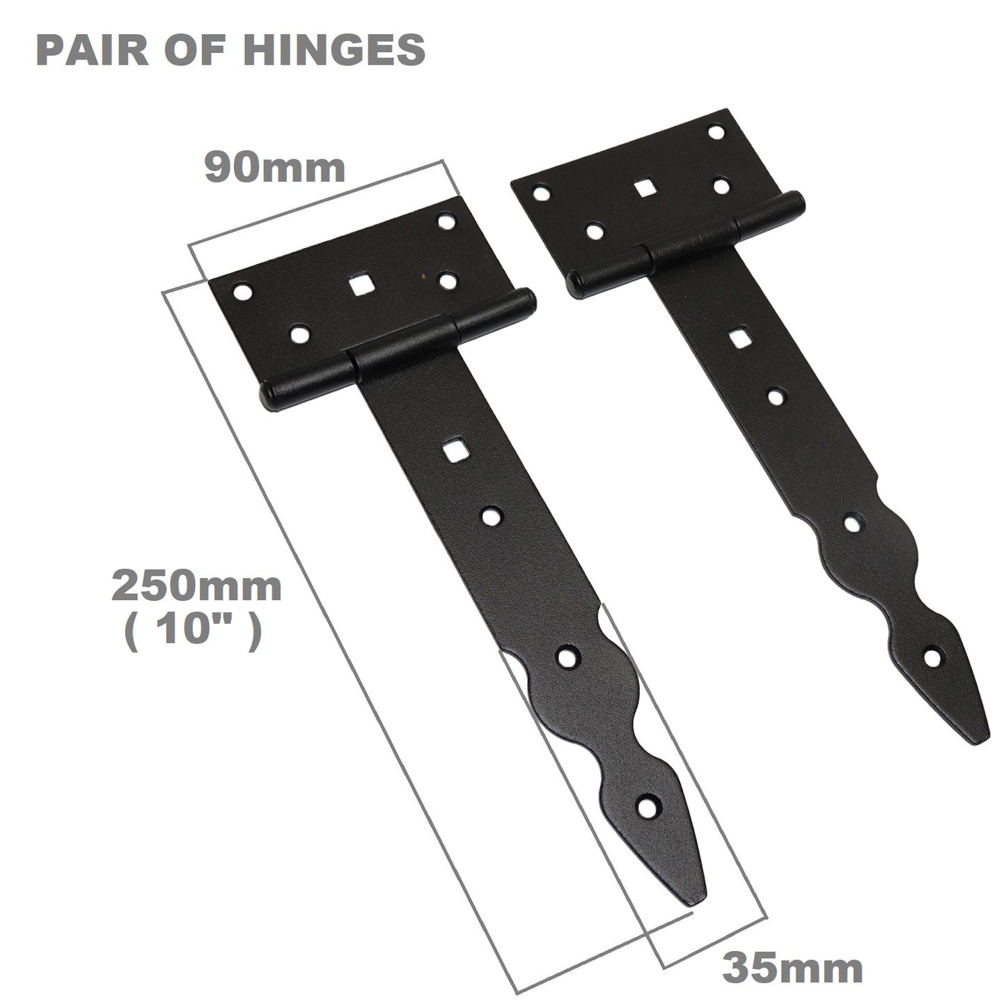 Pack of 2 x 200 mm T-Hinge Black, Steel Tee Hinges, Weather Resistant, Rust Proof Powder Coating, T Strap Hingess