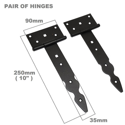 Pack of 2 x 200 mm T-Hinge Black, Steel Tee Hinges, Weather Resistant, Rust Proof Powder Coating, T Strap Hingess