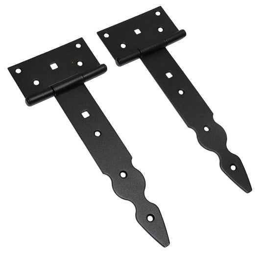 Pack of 2 x 200 mm T-Hinge Black, Steel Tee Hinges, Weather Resistant, Rust Proof Powder Coating, T Strap Hingess