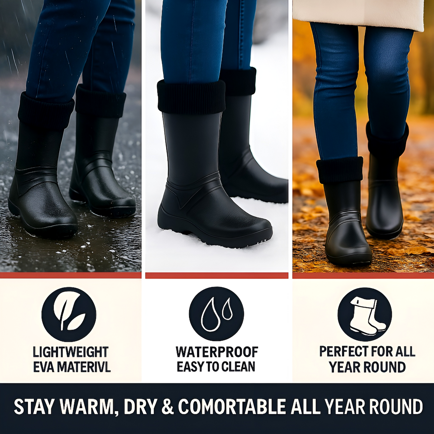Black Womens Lightweight EVA Wellington Boots with Warm Fleece Liner - Waterproof Ladies Wellies for Gardening (8 UK / 41 EU)