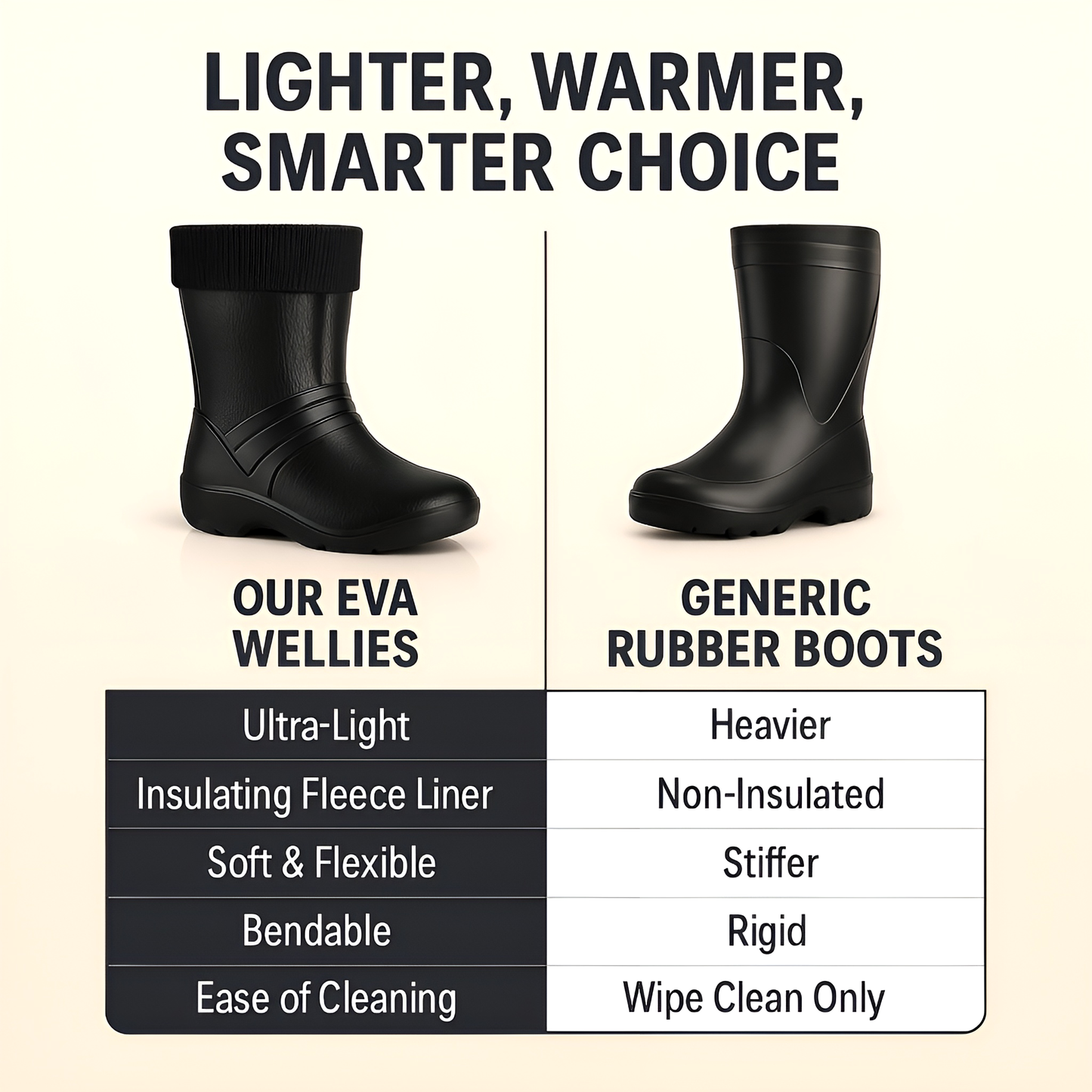 Black Womens Lightweight EVA Wellington Boots with Warm Fleece Liner - Waterproof Ladies Wellies for Gardening (8 UK / 41 EU)