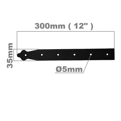 Pack of 1 x 300 mm Dummy Hinge Head, Black Steel, Vintage False Strap Hinge, Weather Resistant, Rust Proof Powder Coating