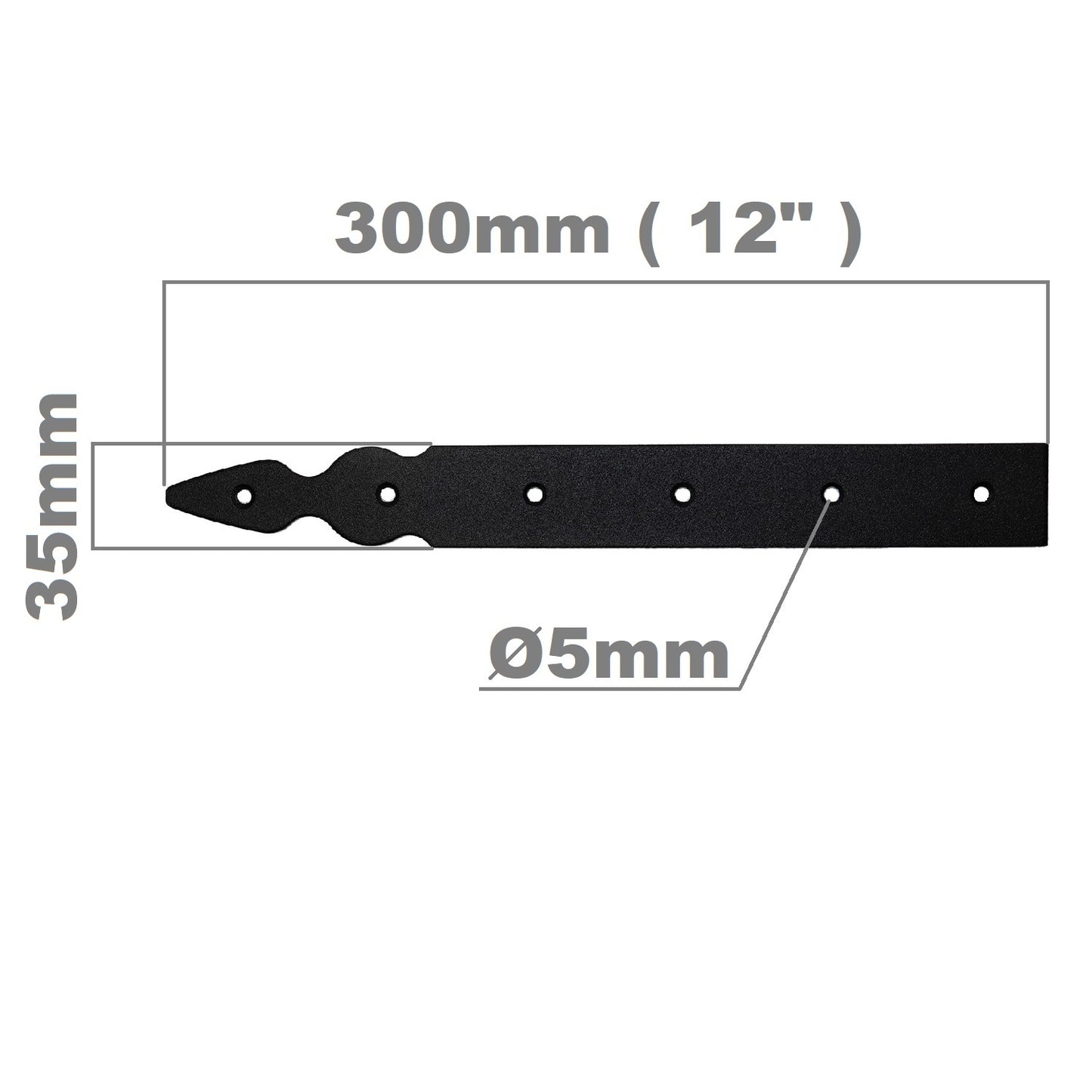 Pack of 1 x 300 mm Dummy Hinge Head, Vintage False Strap Hinge, Black Steel, Weather Resistant, Rust Proof Powder Coating
