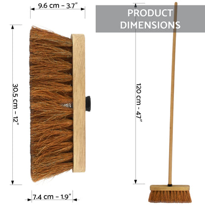 12-Inch Natural Soft Coco Sweeping Broom with Wooden Handle - Eco-Friendly Soft Bristle Sweeping Brush