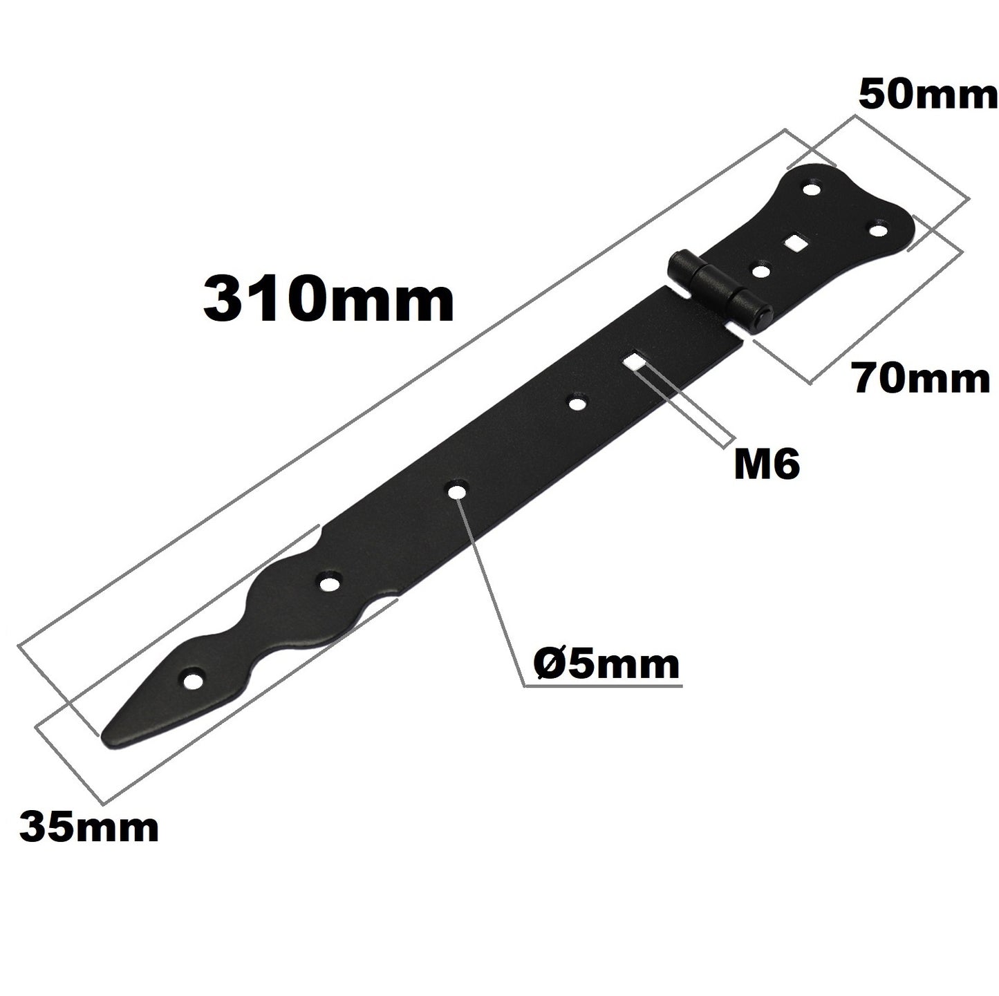 Pack of 1 x 250 mm Narrow T-Hinge Black, Retro Steel Tee Hinges, Weather Resistant, Rust Proof Powder Coating, T Strap Hinges