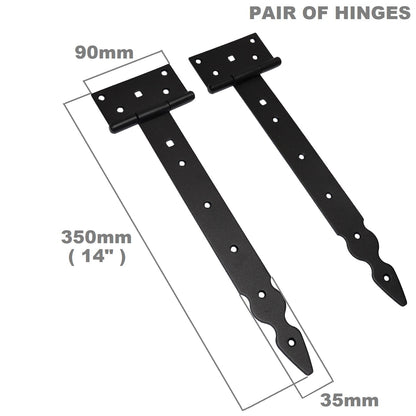 Pack of 2 x 300 mm T-Hinge Black, Steel Tee Hinges, Weather Resistant, Rust Proof Powder Coating, T Strap Hingess