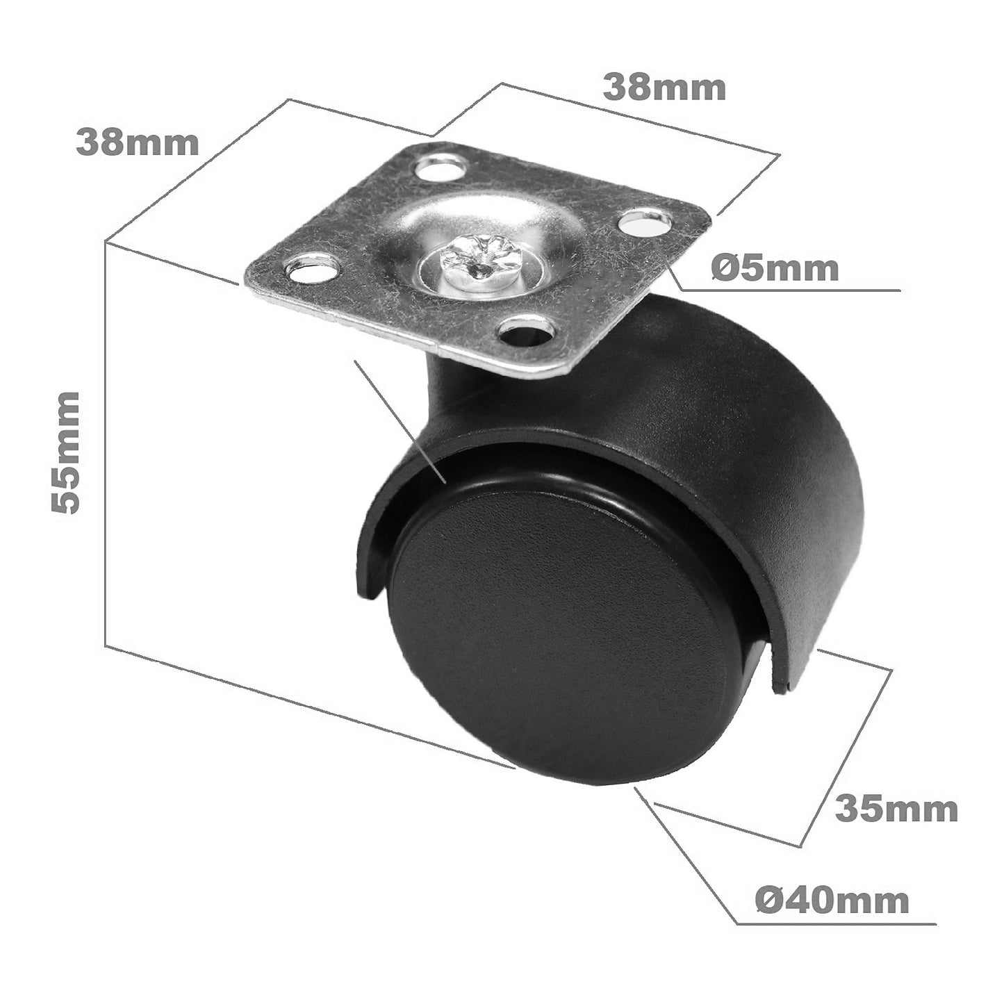 Pack of 1 x PVC Swivel Furniture Castor Wheel - 40 mm Universal Caster Wheel - Non-Marking, Silent