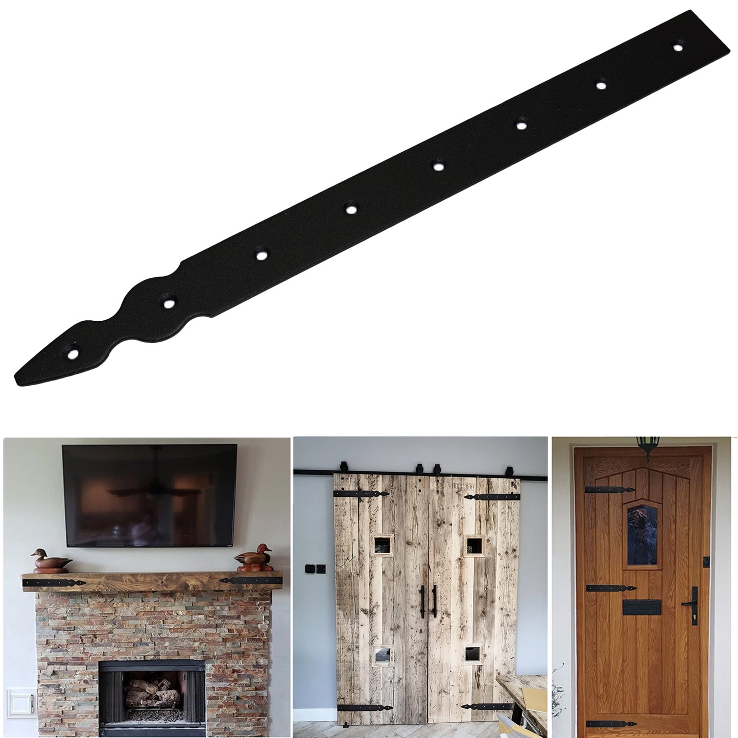 Pack of 2 x 400 mm Dummy Hinge Heads, Vintage False Strap Hinge, Black Steel, Weather Resistant, Rust Proof Powder Coating