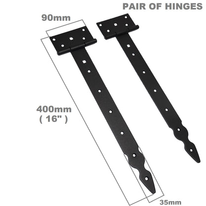 Pack of 2 x 350 mm T-Hinge Black, Steel Tee Hinges, Weather Resistant, Rust Proof Powder Coating, T Strap Hingess