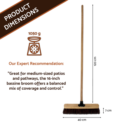 16-Inch Bassine Broom - Robust Outdoor Sweeper with Wooden Handle - Great for Medium-Sized Patios, Pathways, and Gardens