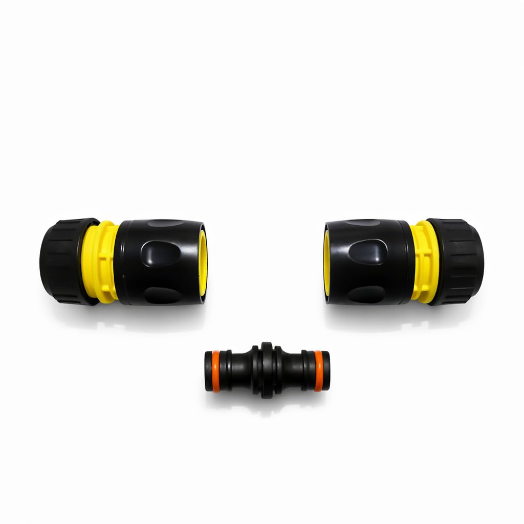 Hose Repair Set 1/2 Inch Quick Connectors - 2 End Hose Fittings Plus Double Male Joiner - Hozelock Gardena Compatible - Yellow