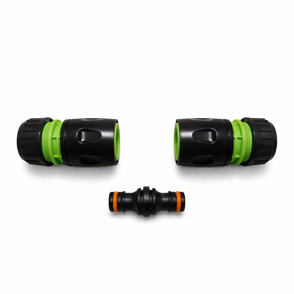 Hose Repair Set 1/2 Inch Quick Connectors - 2 End Hose Fittings Plus Double Male Joiner - Hozelock Gardena Compatible - Green
