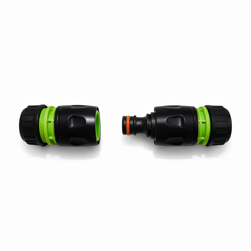 Hose Repair Set 1/2 Inch Quick Connectors - 2 End Hose Fittings Plus Double Male Joiner - Hozelock Gardena Compatible - Green