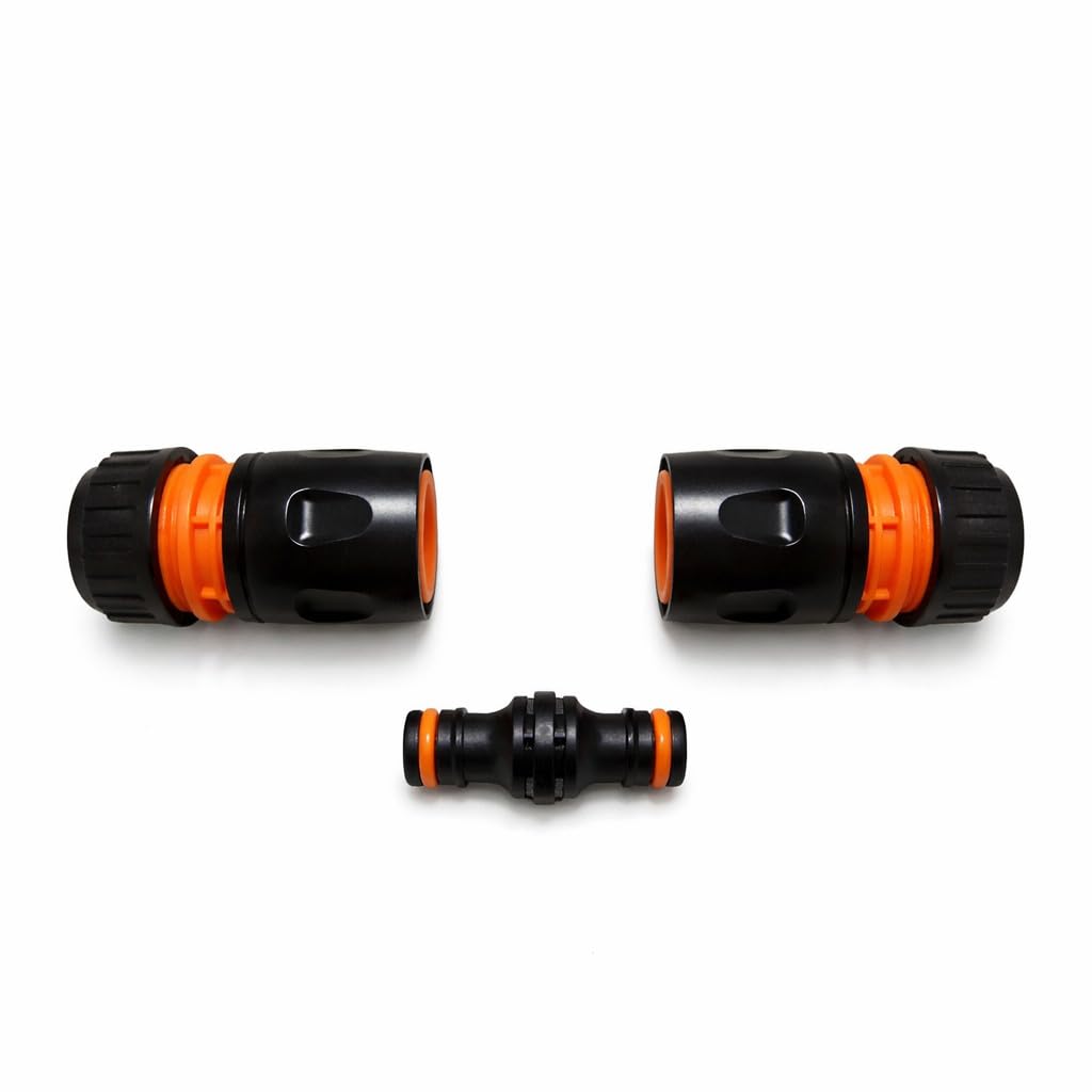 Hose Repair Set 1/2 Inch Quick Connectors - 2 End Hose Fittings Plus Double Male Joiner - Hozelock Gardena Compatible - Orange