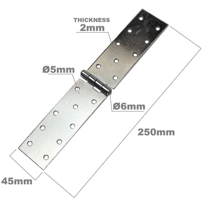 Pack of 1 x 250 mm Backflap Hinge Galvanised, Silver Steel Back Flap Hinges, Weather Resistant, Rust Corrosion Proof, Strap Hinges
