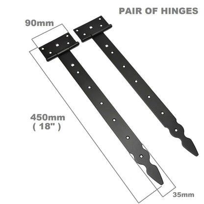 Pack of 2 x 400 mm T-Hinge Black, Steel Tee Hinges, Weather Resistant, Rust Proof Powder Coating, T Strap Hingess