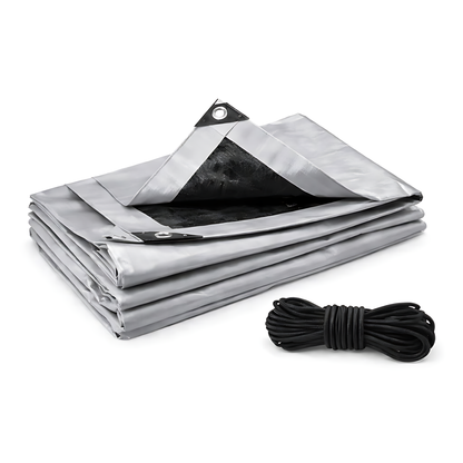 Heavy Duty Silver Tarpaulin 1.5 x 2 m 260 GSM Waterproof Weather Resistant Poly Tarp, Reinforced Edges & Eyelets, 10m Bungee