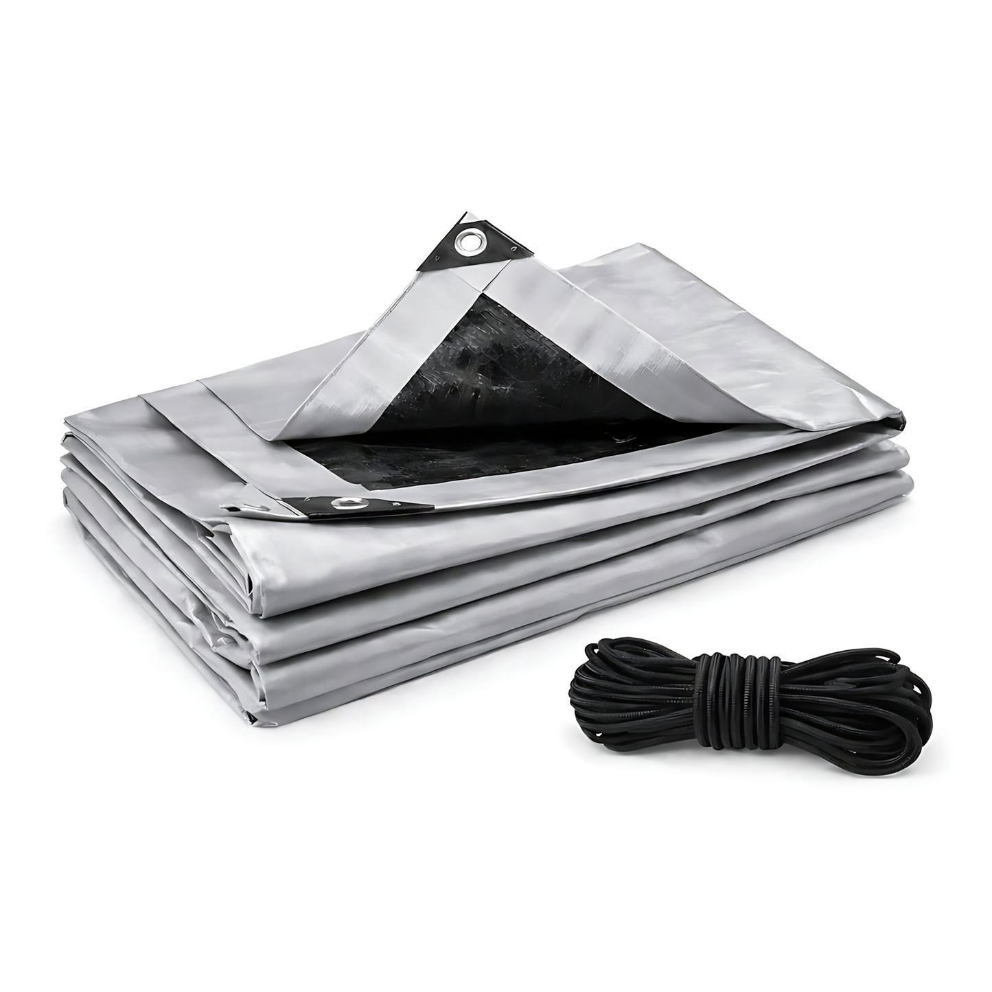 Heavy Duty Silver Tarpaulin 8 x 8 m 260 GSM Waterproof Weather Resistant Poly Tarp, Reinforced Edges & Eyelets, 10m Bungee