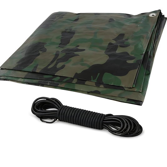 Camouflage Tarpaulin 6 x 10 m 85 GSM Waterproof UV Resistant PE Tarp Sheet, Aluminium Eyelets, Reinforced Edges, 10m Bungee