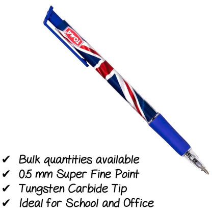 Ballpoint Pens with the United Kingdom Flag / Union Jack Motive, Pack of 20, Blue Ink, Retractable Smudge Free Pens, 0.5 mm Point
