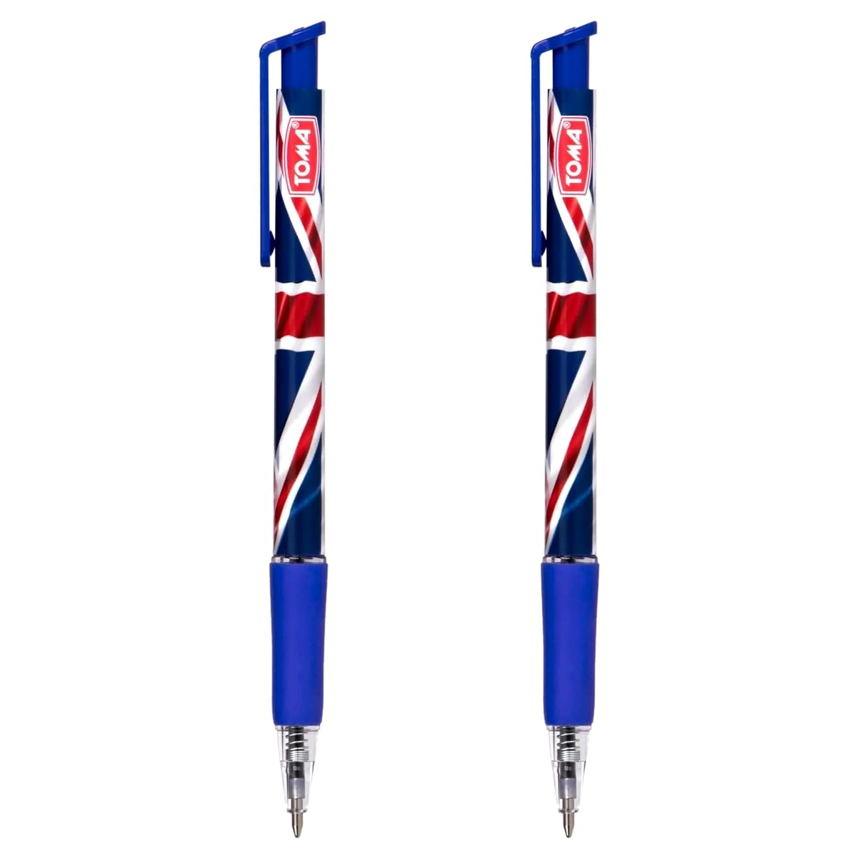 Ballpoint Pens with the United Kingdom Flag / Union Jack Motive, Pack of 2, Blue Ink, Retractable Smudge Free Pens, 0.5 mm Point