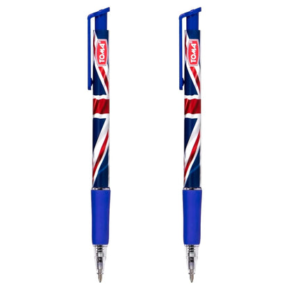 Ballpoint Pens with the United Kingdom Flag / Union Jack Motive, Pack of 2, Blue Ink, Retractable Smudge Free Pens, 0.5 mm Point