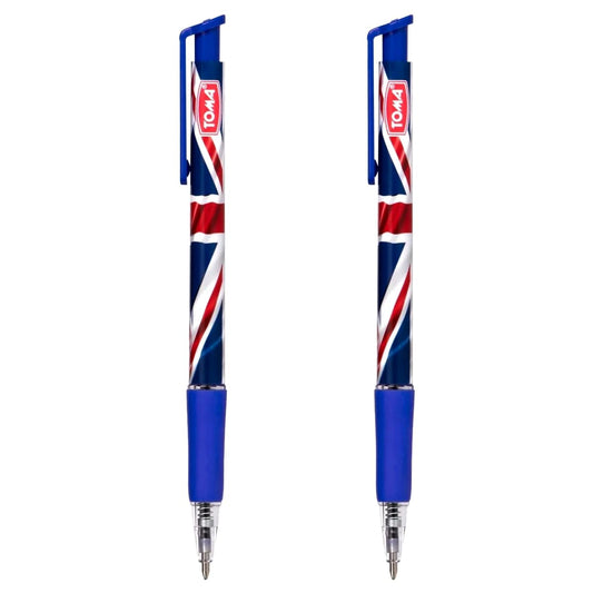 Ballpoint Pens with the United Kingdom Flag / Union Jack Motive, Pack of 2, Blue Ink, Retractable Smudge Free Pens, 0.5 mm Point