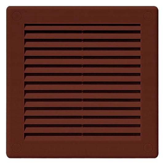 Brown Louvred Wall Vent Grille with Flyscreen and Screw Covers, 150 x 150 mm, Air Ventilation Duct Cover with Flat Back