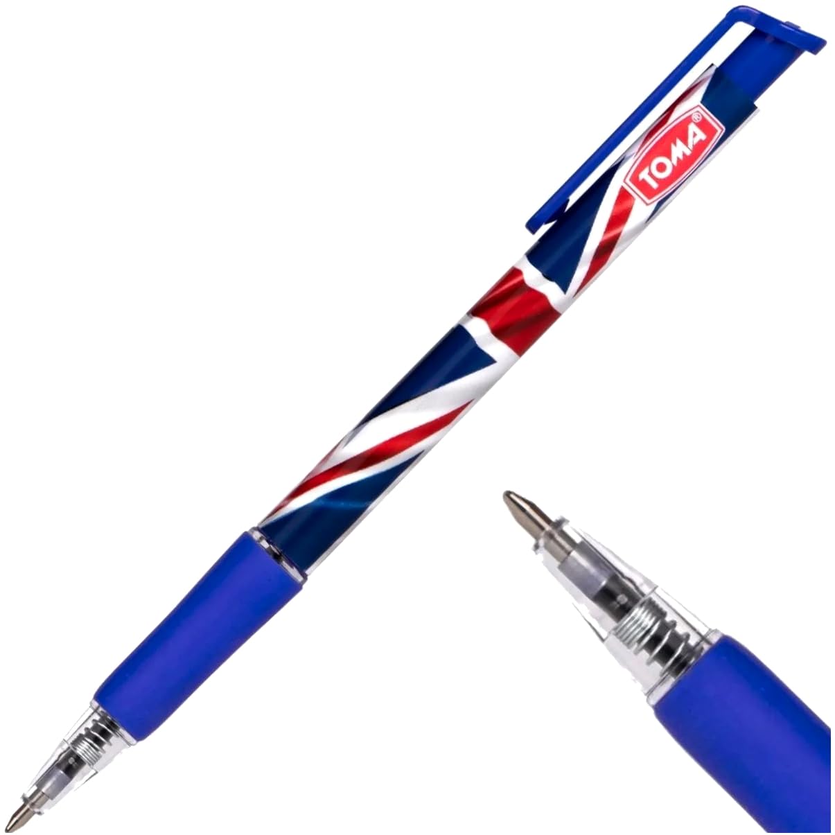 Ballpoint Pens with the United Kingdom Flag / Union Jack Motive, Pack of 20, Blue Ink, Retractable Smudge Free Pens, 0.5 mm Point