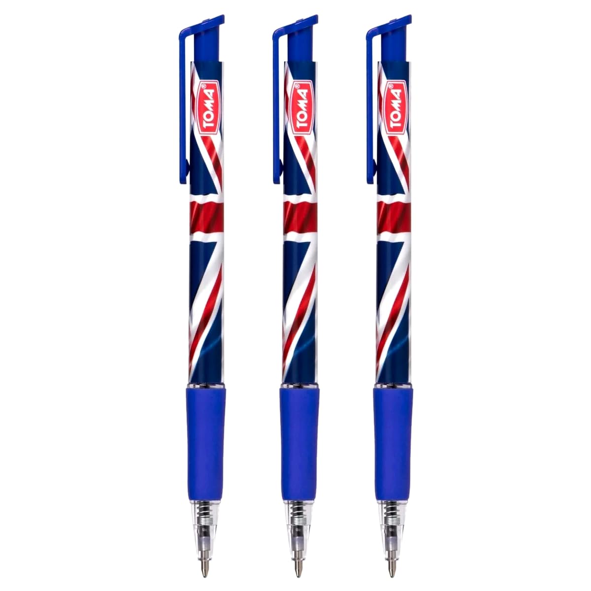 Ballpoint Pens with the United Kingdom Flag / Union Jack Motive, Pack of 3, Blue Ink, Retractable Smudge Free Pens, 0.5 mm Point