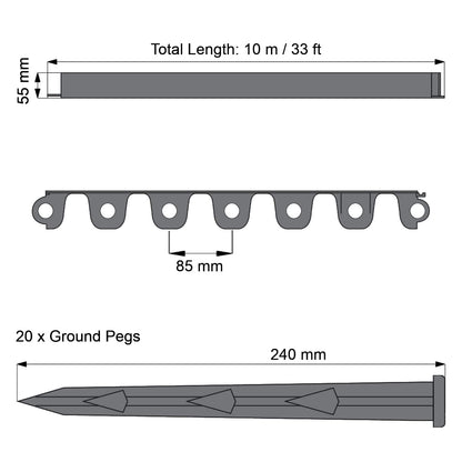Grey Lawn Edging Border - 10 m / 33 ft Long Flexible Plastic Garden Edging & 20 Securing Pegs - Easy to Cut and Shape (55mm High)