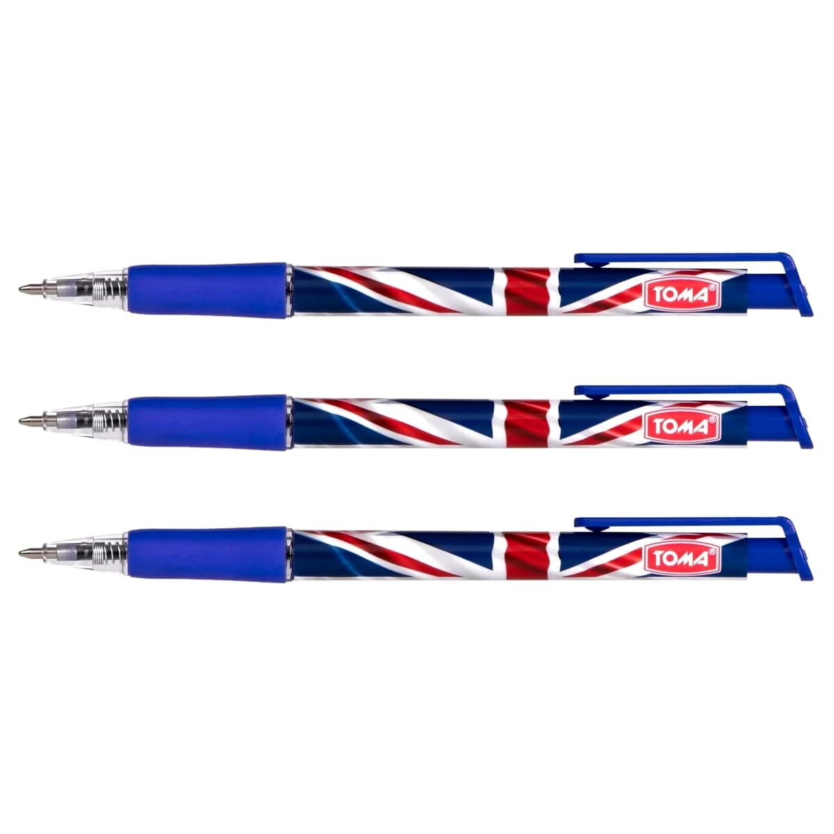 Ballpoint Pens with the United Kingdom Flag / Union Jack Motive, Pack of 3, Blue Ink, Retractable Smudge Free Pens, 0.5 mm Point
