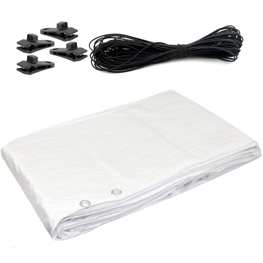2 x 3 m Tarpaulin Waterproof Heavy Duty Cover Ground Sheet Camping with 4 Tarp Clips + 10m / 30ft Bungee Cord (White - 90GSM)