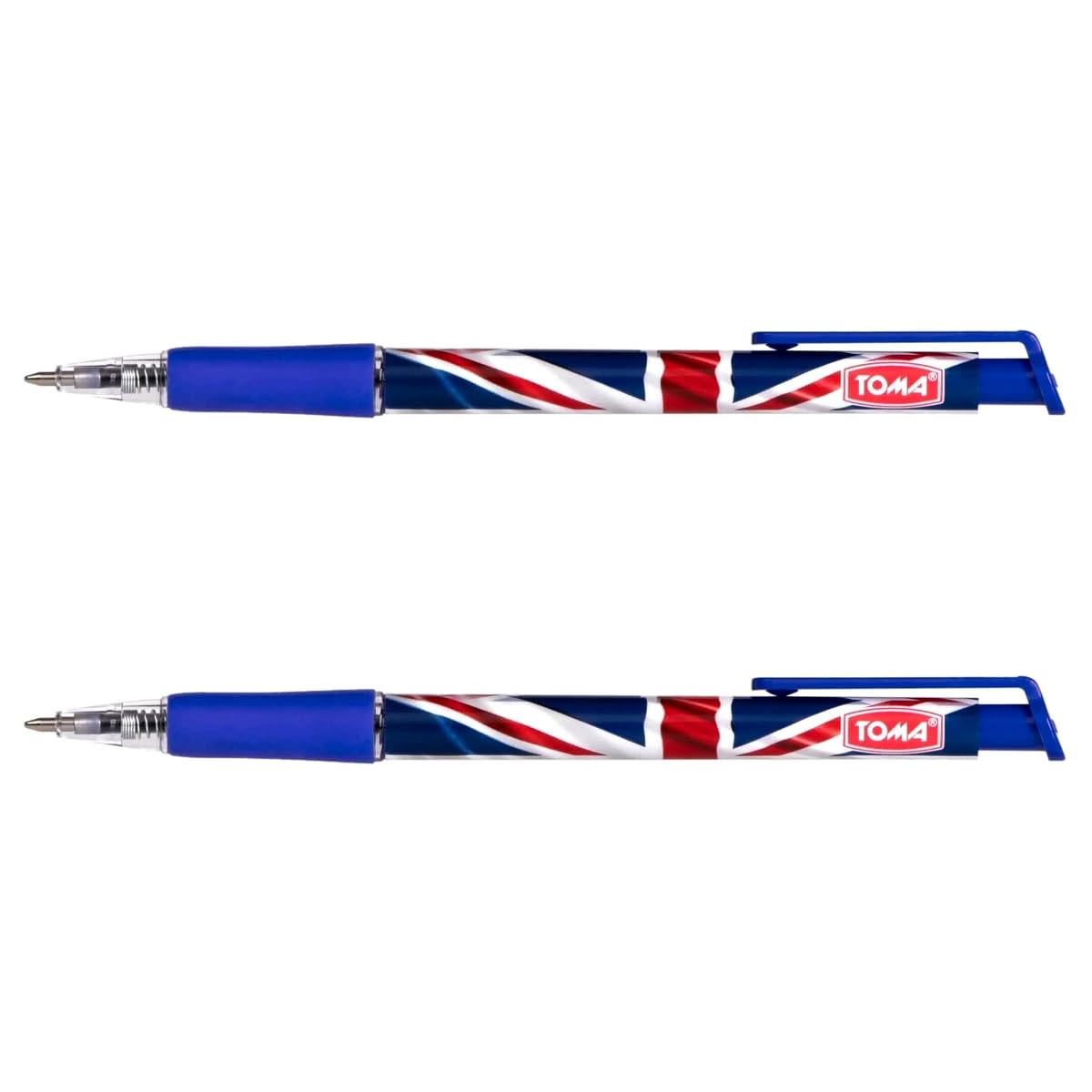 Ballpoint Pens with the United Kingdom Flag / Union Jack Motive, Pack of 2, Blue Ink, Retractable Smudge Free Pens, 0.5 mm Point