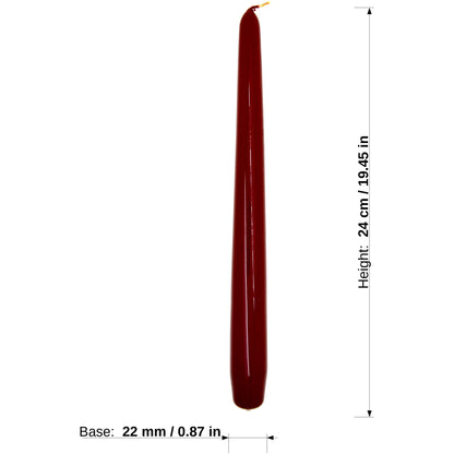 Tapered Dinner Candles, Pack of 10, Unscented, Long Burning Time, 24 cm / 19.45" (Burgundy, Varnished)