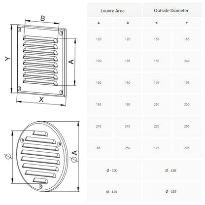 White Metal Air Vent Grille with Fly Screen Flat Ducting Ventilation Cover (250 x 250 mm)