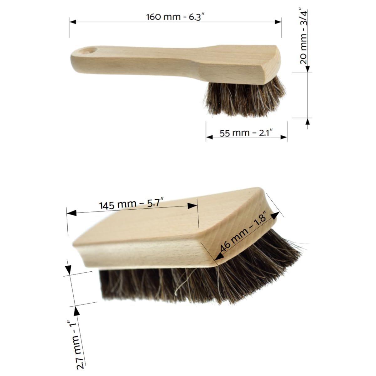 Set of Shoe Polish Applicator Brush & Shoe Buffing Brush - 100% Horsehair Bristles for Leather Boots, Shoes & Bags - Easy Grip