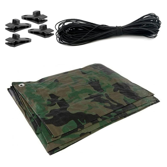 4 x 4 m Tarpaulin Waterproof Heavy Duty Cover Ground Sheet Camping with 4 Tarp Clips + 10m / 30ft Bungee Cord (Camo/Army - 90GSM)